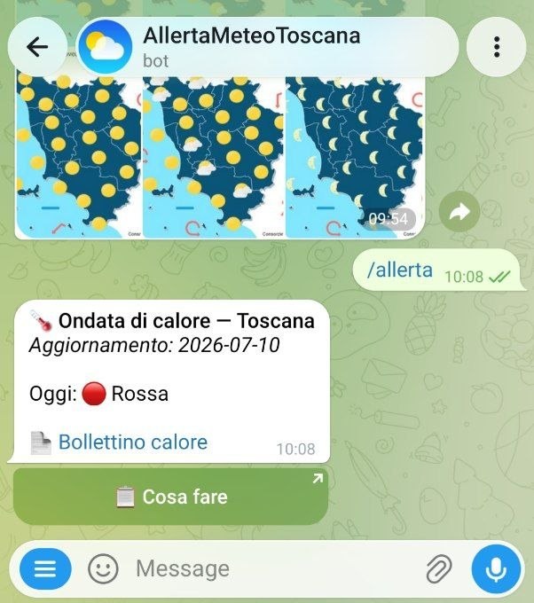Screenshot reale di una conversazione con Allerta Meteo Toscana su Telegram
