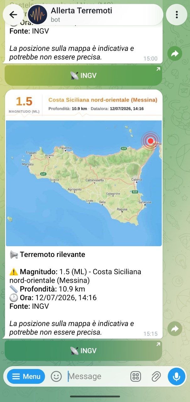 Screenshot reale di una conversazione con Allerta Terremoti su Telegram